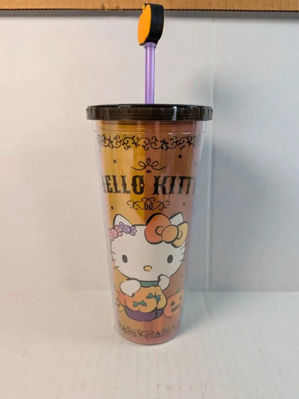 NEW Hello Kitty Halloween Pumpkin Tumbler Cup 24oz Purple Straw Topper Sanrio